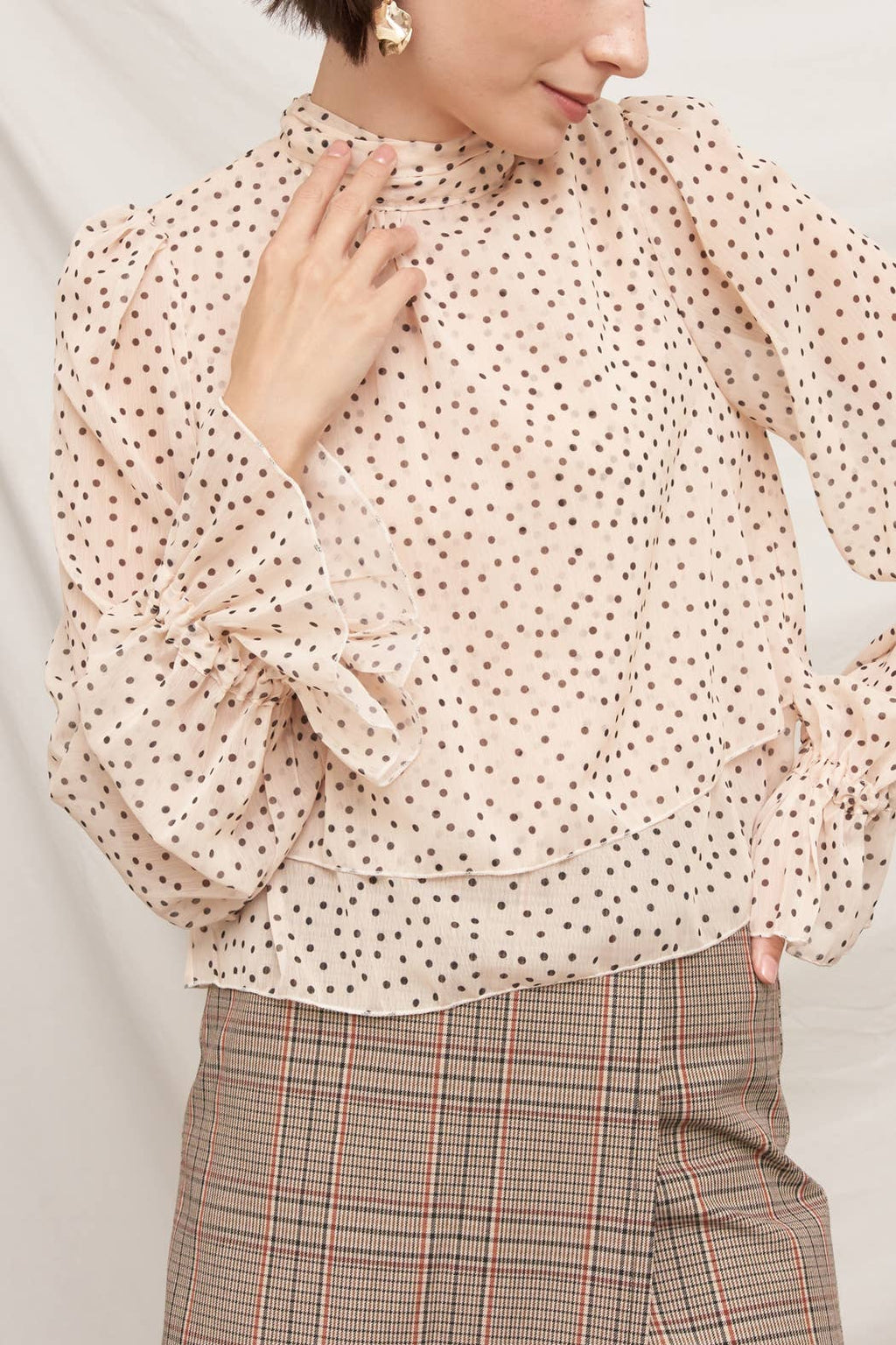 Polka Dot Ribbon Back Ruffle Blouse