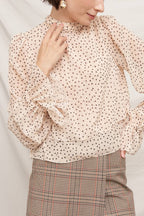 Polka Dot Ribbon Back Ruffle Blouse