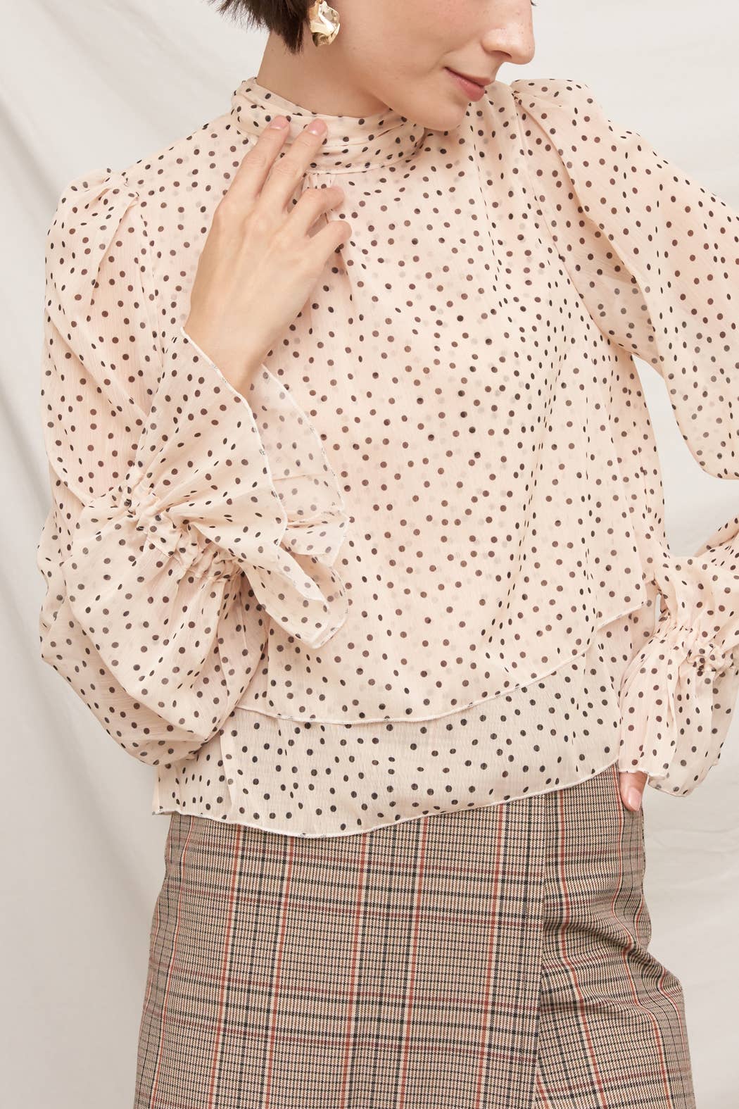 Polka Dot Ribbon Back Ruffle Blouse