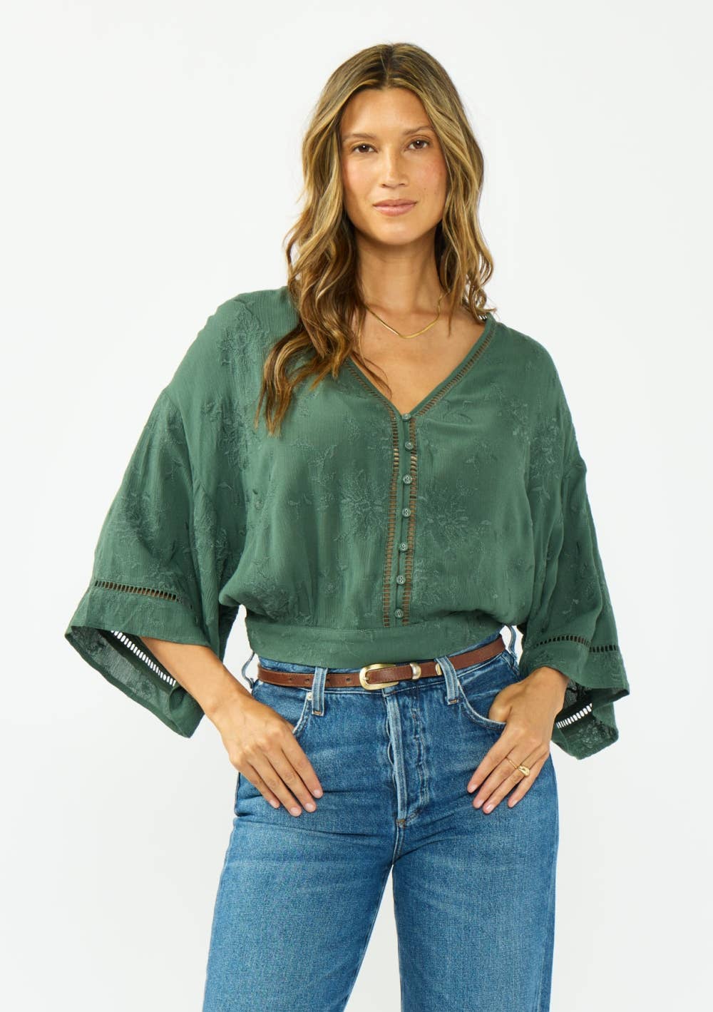 V-Neck Button-Down Blouson Top