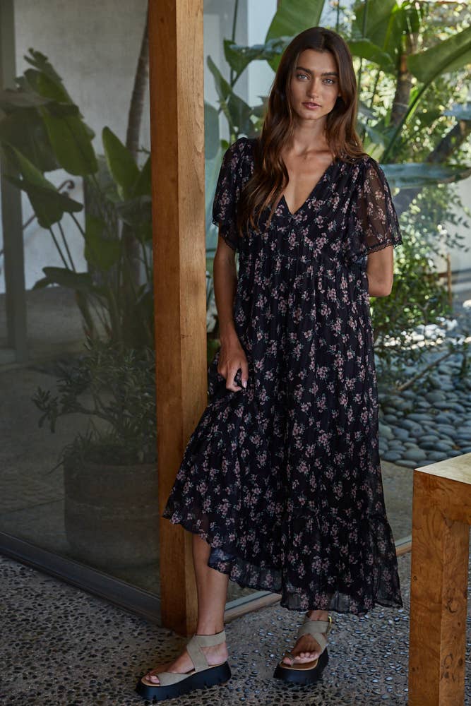 Woven Polyester Floral Print Midi Dress