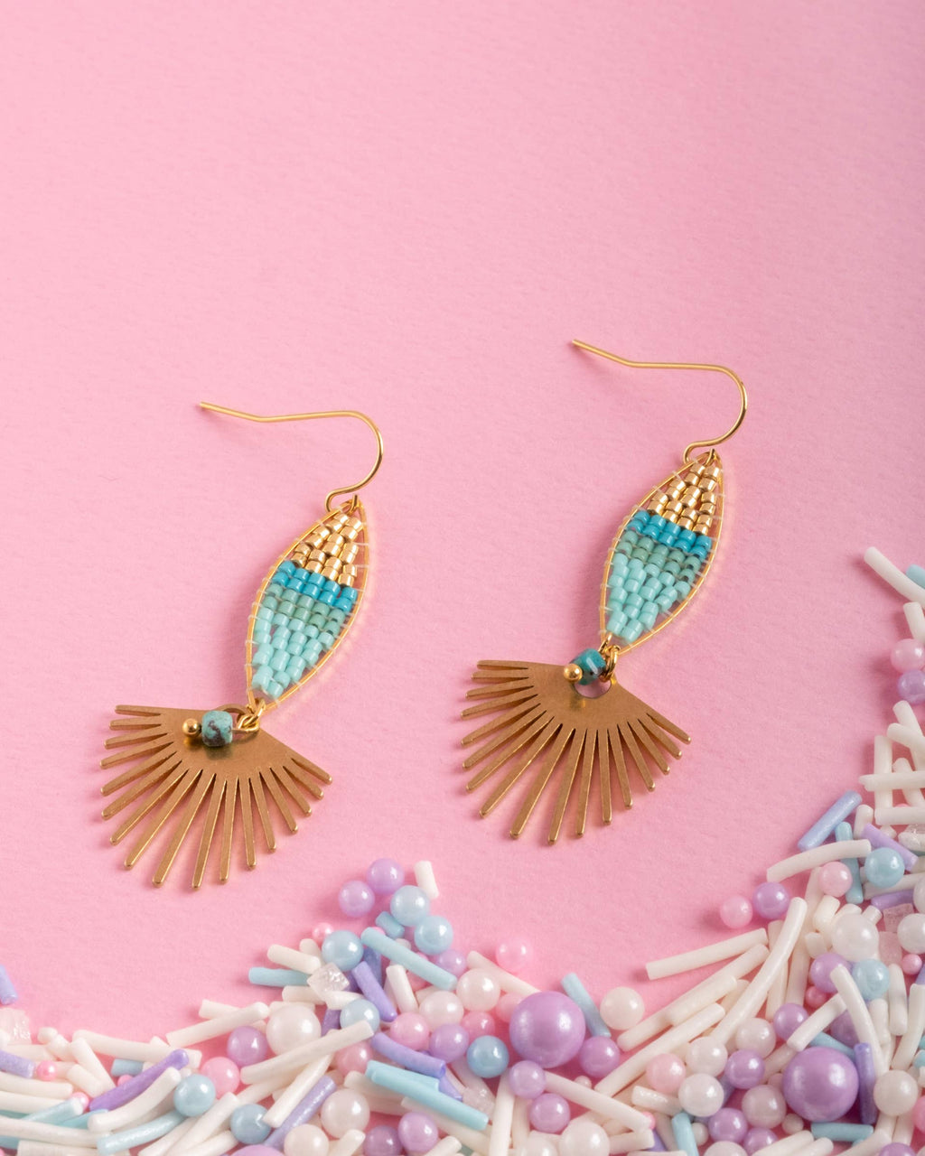 Beaded Handwoven Cotton Candy Dangle Earrings (Aqua)