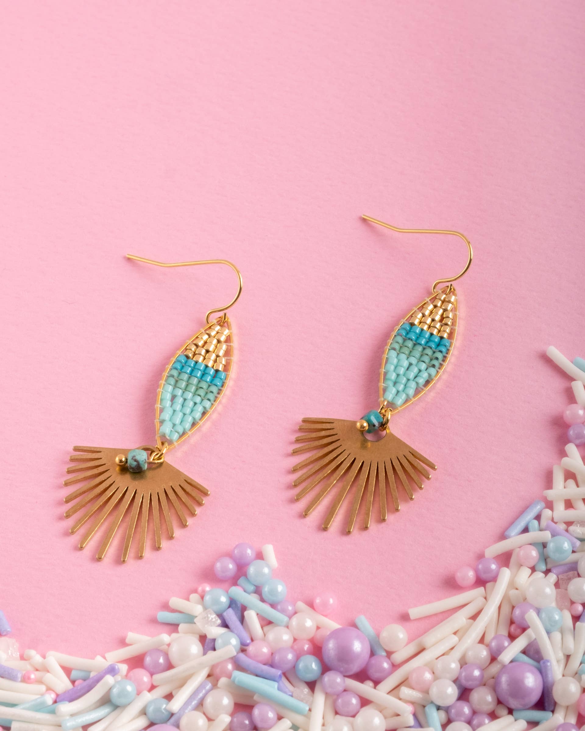 Beaded Handwoven Cotton Candy Dangle Earrings (Aqua)