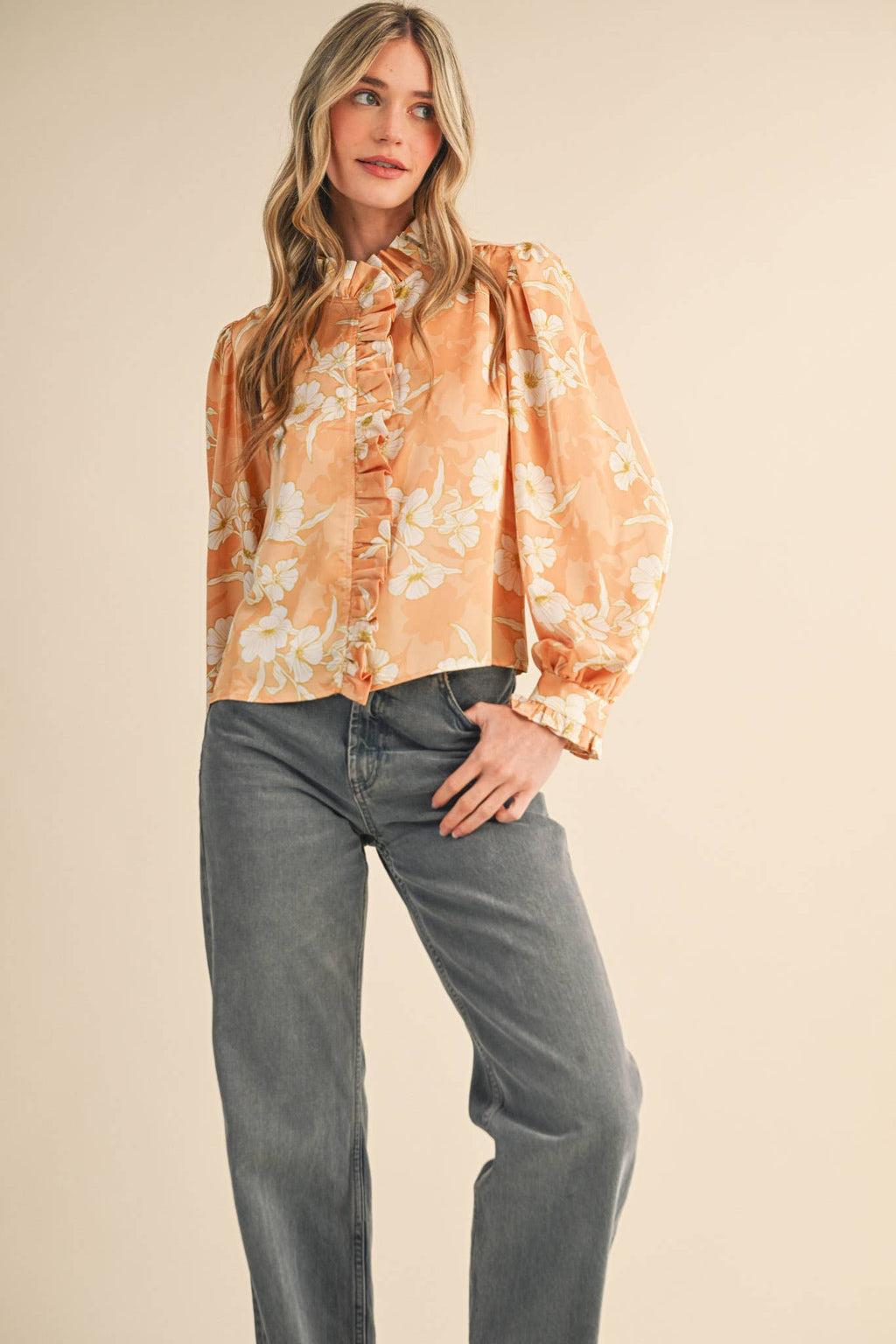 Floral Print Ruffled Button Down Top
