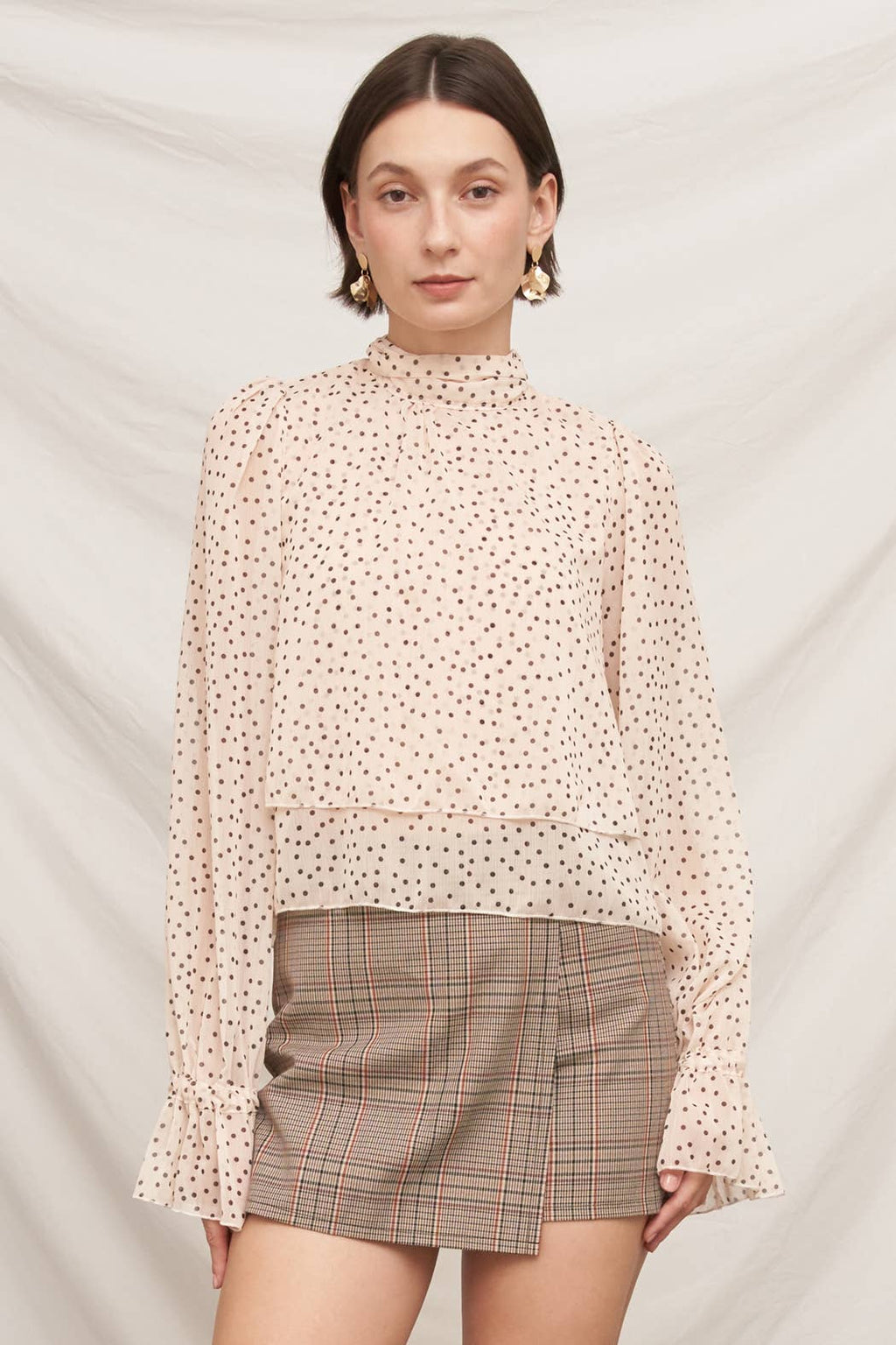 Polka Dot Ribbon Back Ruffle Blouse