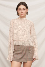 Polka Dot Ribbon Back Ruffle Blouse