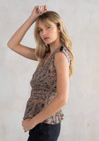 Sheer Paisley Print Cap Sleeve Peplum Blouse