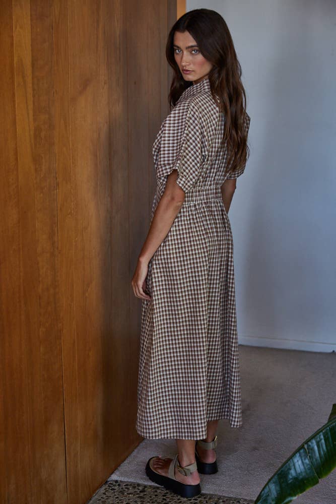 Woven Cotton Gingham Print Button Down Flare Maxi