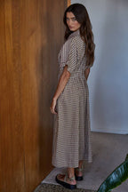Woven Cotton Gingham Print Button Down Flare Maxi
