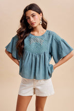 COTTON EMBROIDERED FLUTTER SLEEVE TOP