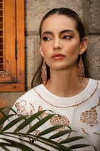 Beaded Handwoven Taos Fringe Earrings (Light Brown)