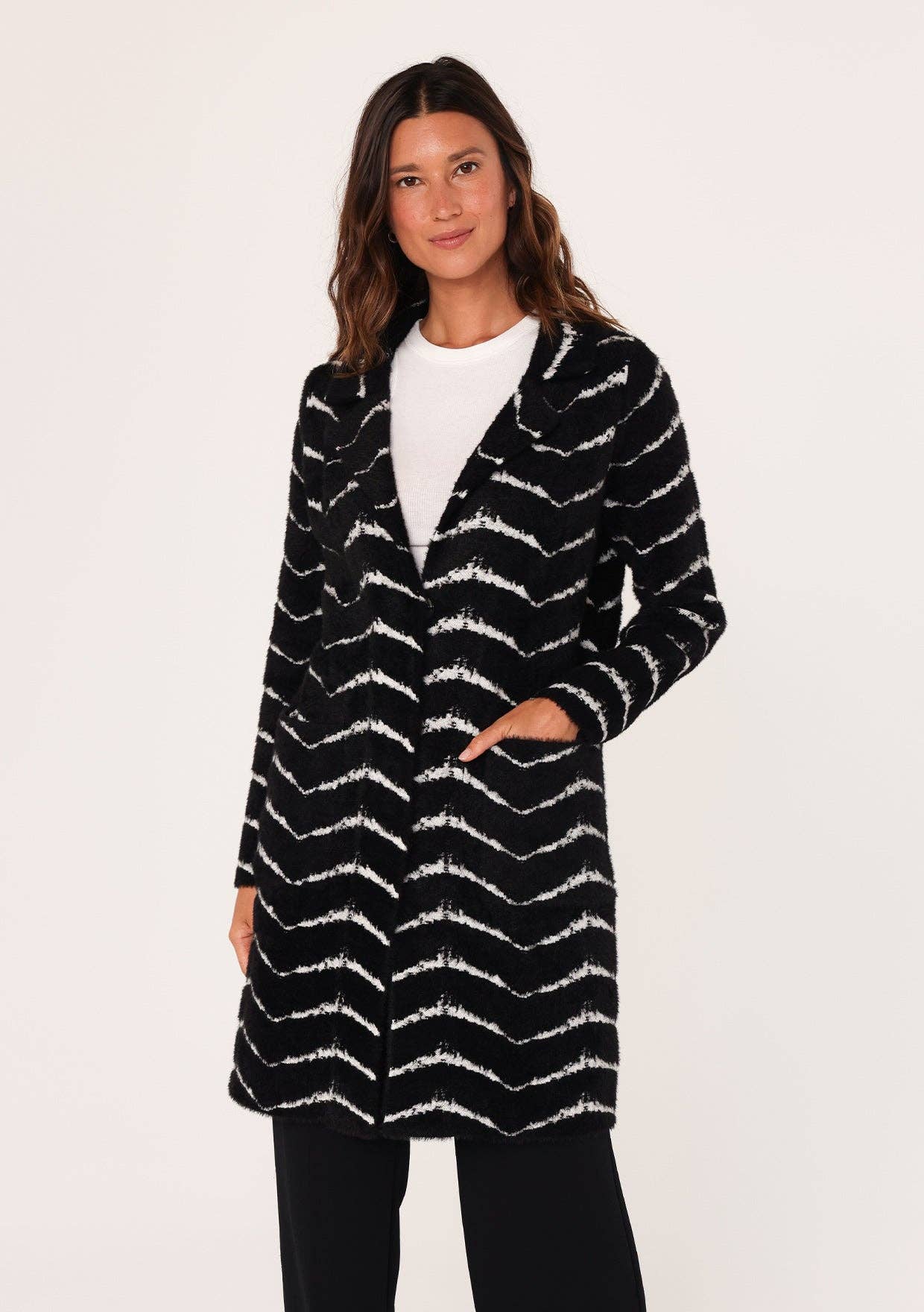 Fuzzy Chevron Jacquard Button Front Cardigan