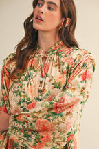 Floral Ruched Button Down Blouse