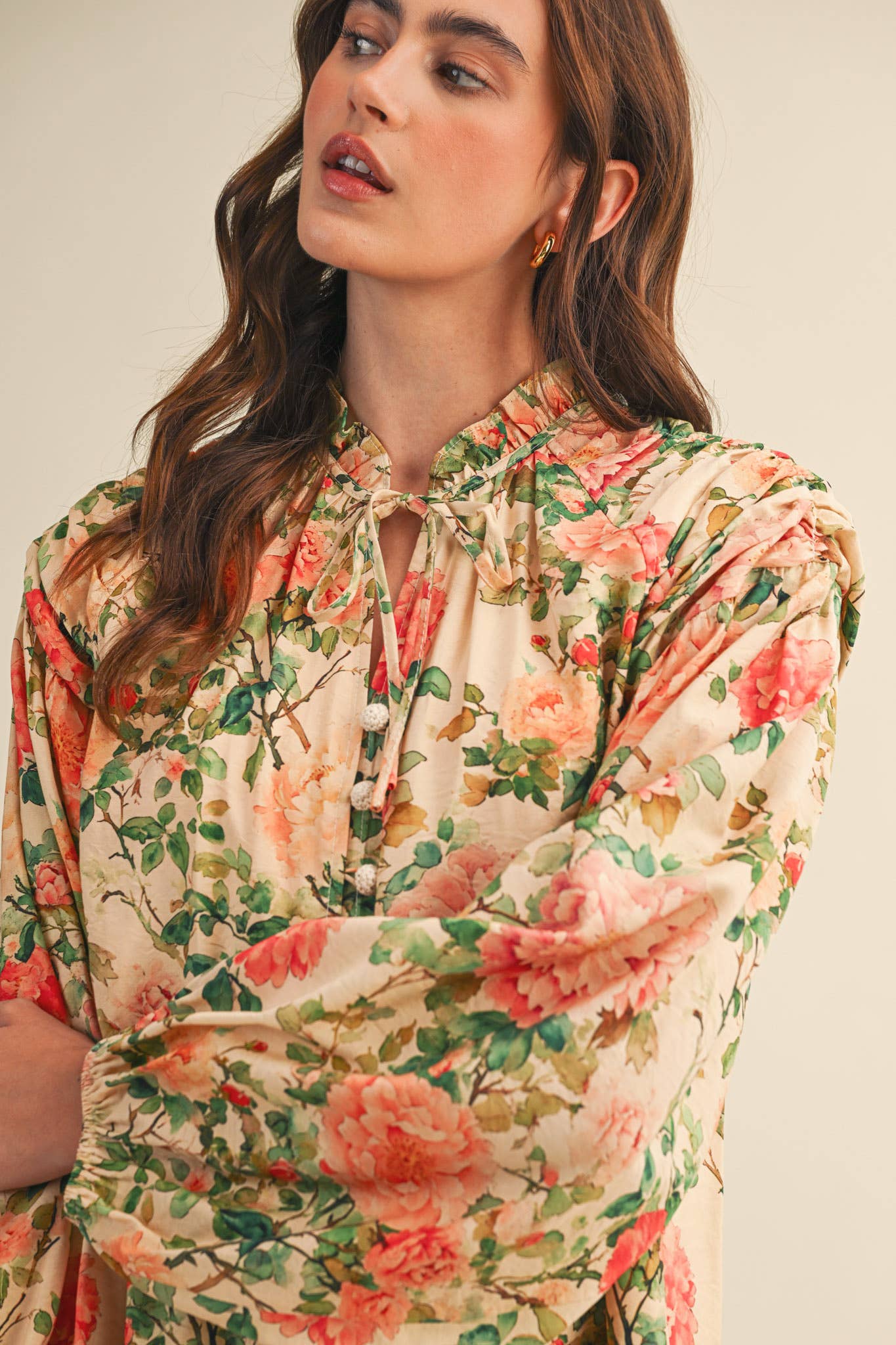 Floral Ruched Button Down Blouse