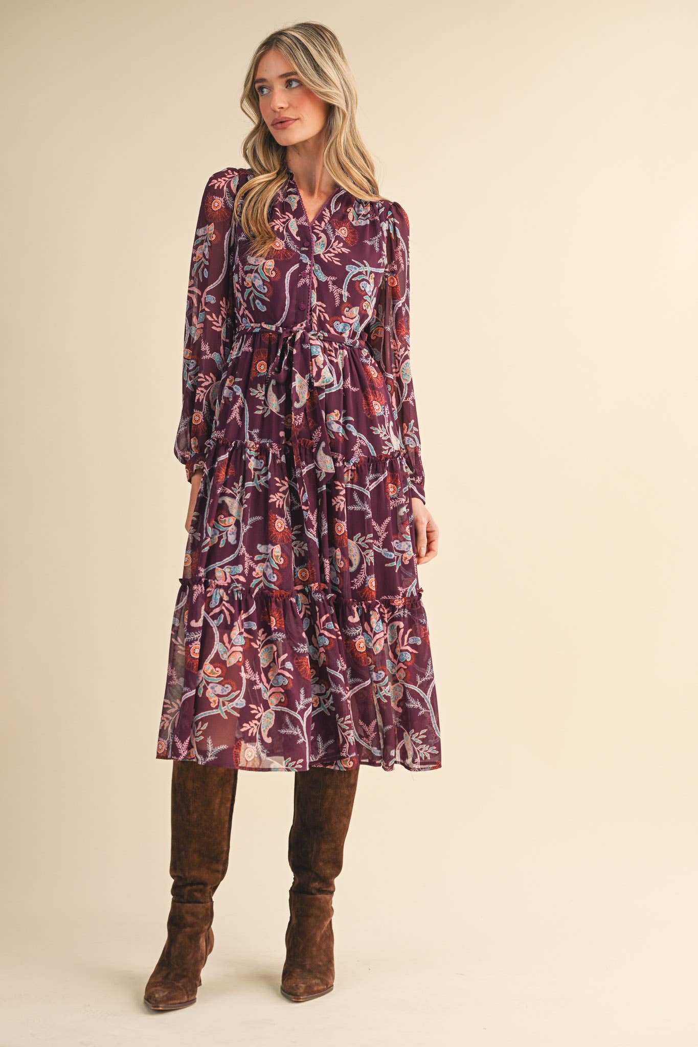 Paisley Print Ruffle Tiered Midi Dress