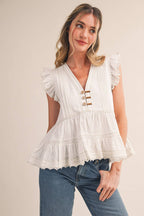 MIXED MEDIA CONTRAST STITCH LACE TRIM TOP