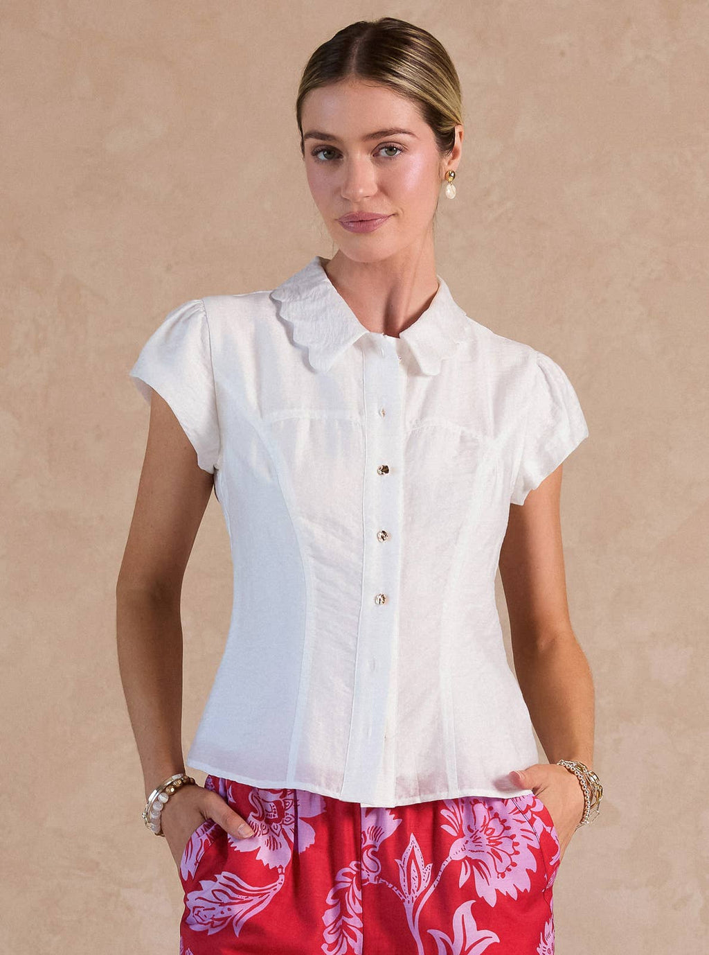 Button Down Slim Fit Short Sleeve Blouse