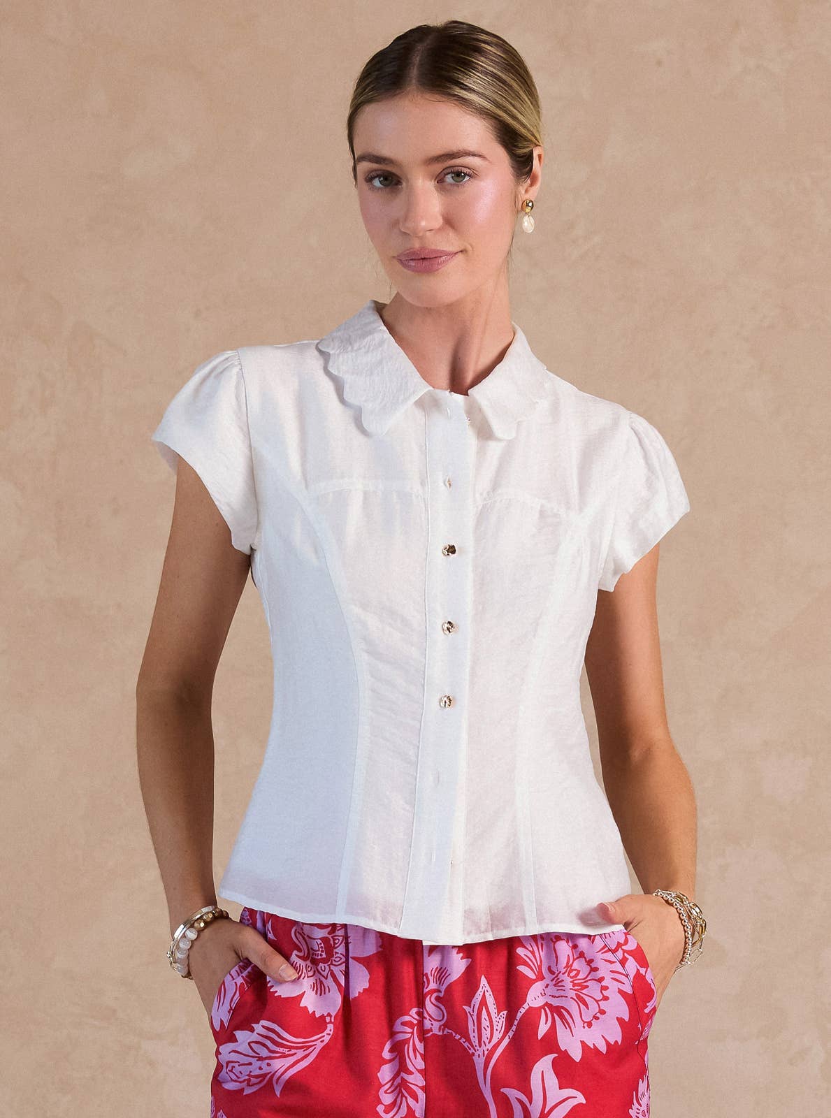 Button Down Slim Fit Short Sleeve Blouse
