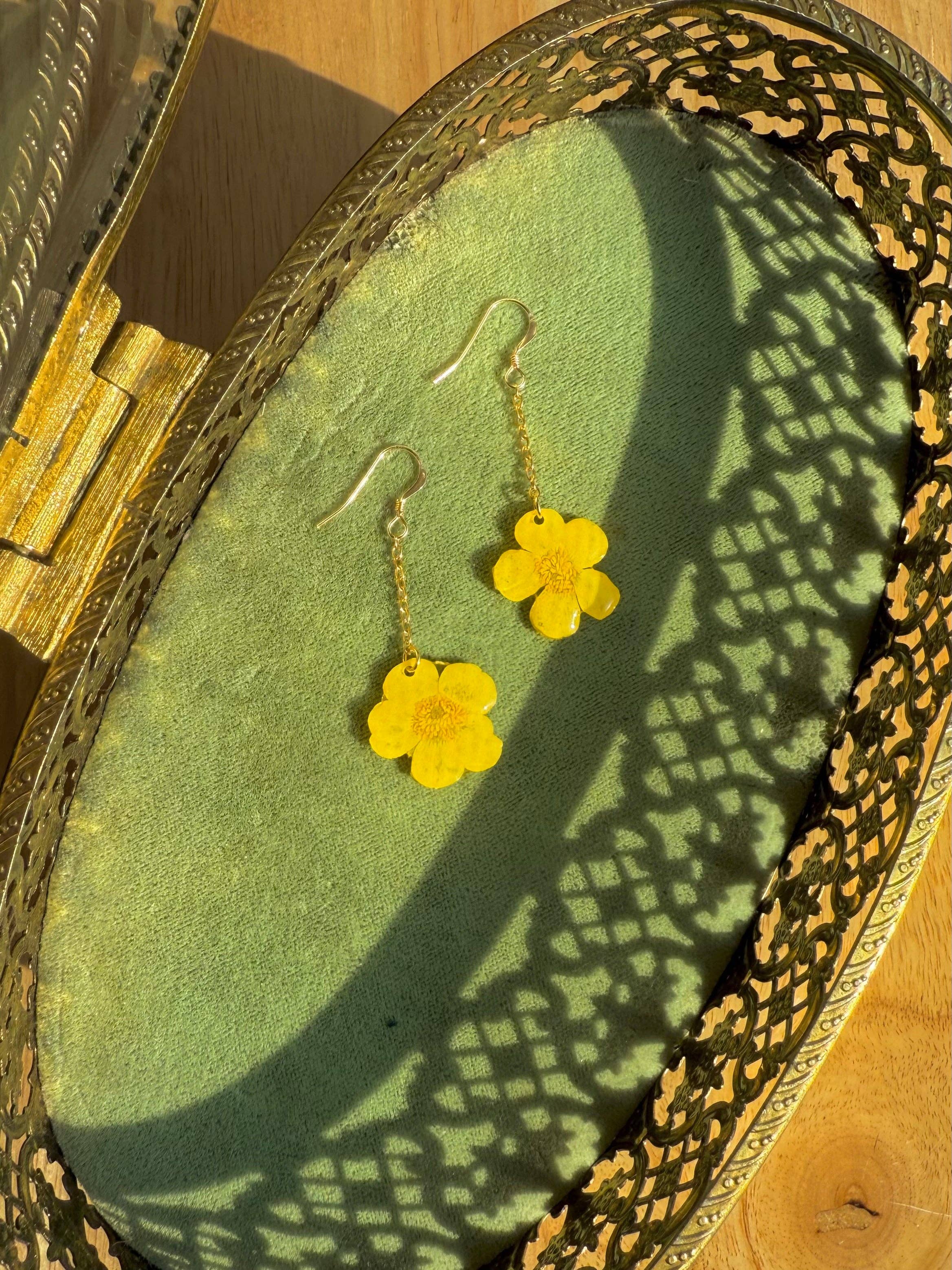 Pressed Buttercup Earrings, Yellow Flower, 14k gold filled