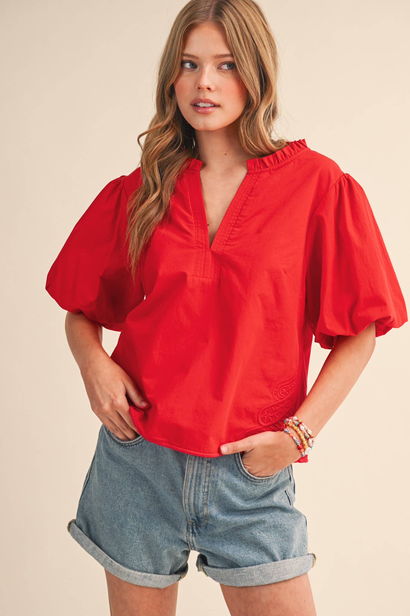 Bubble Sleeve Top With Side Embroidery