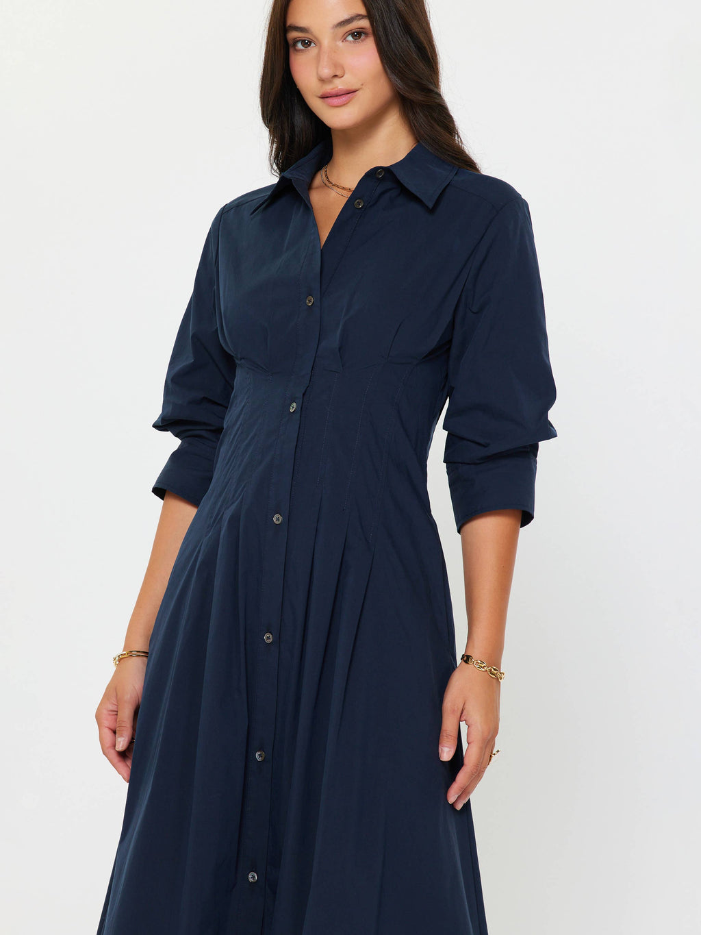 Navy Button Down A-Line Midi Dress