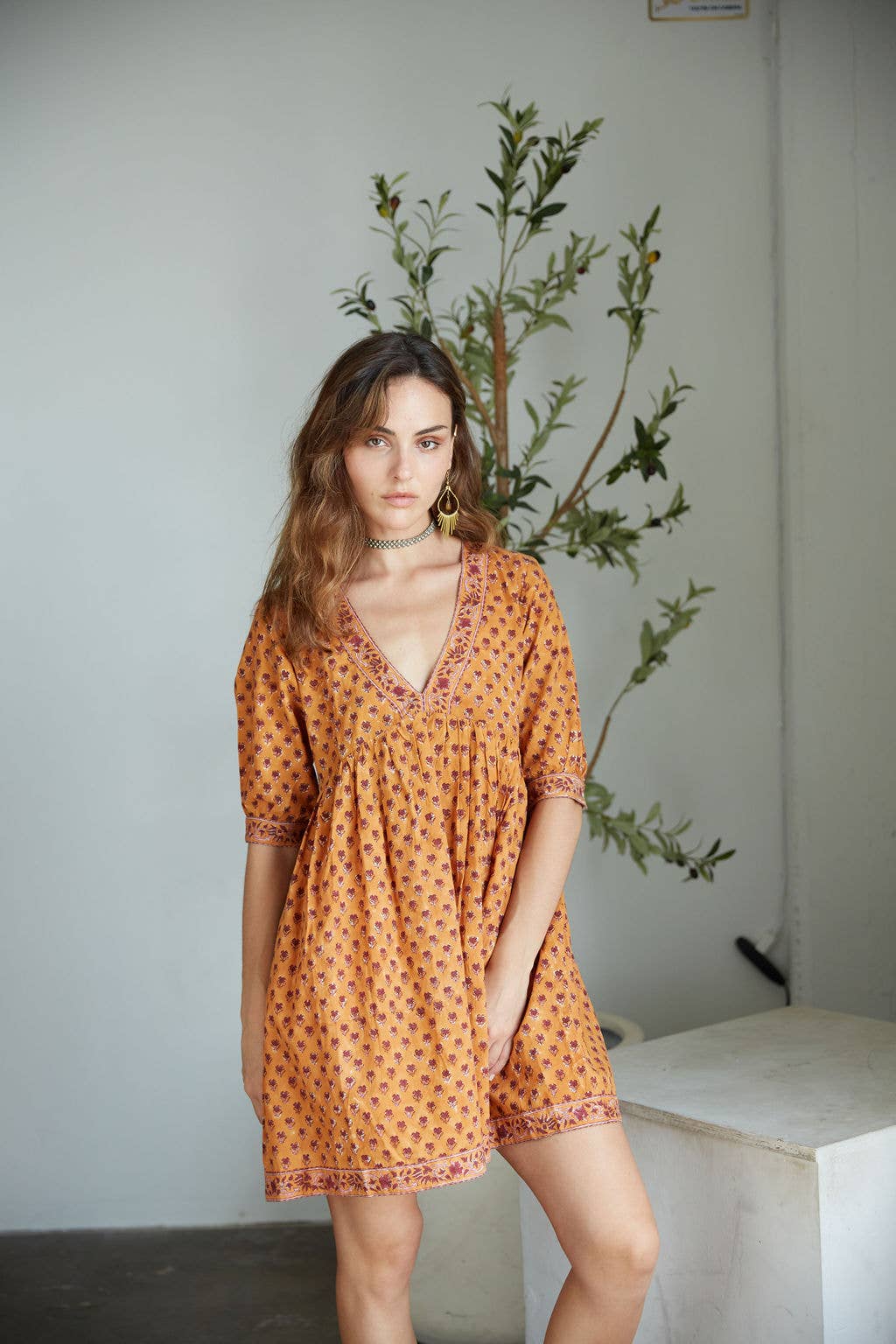 Block Printed Cotton Mini-Dress (Maile Dress- Cayenne)