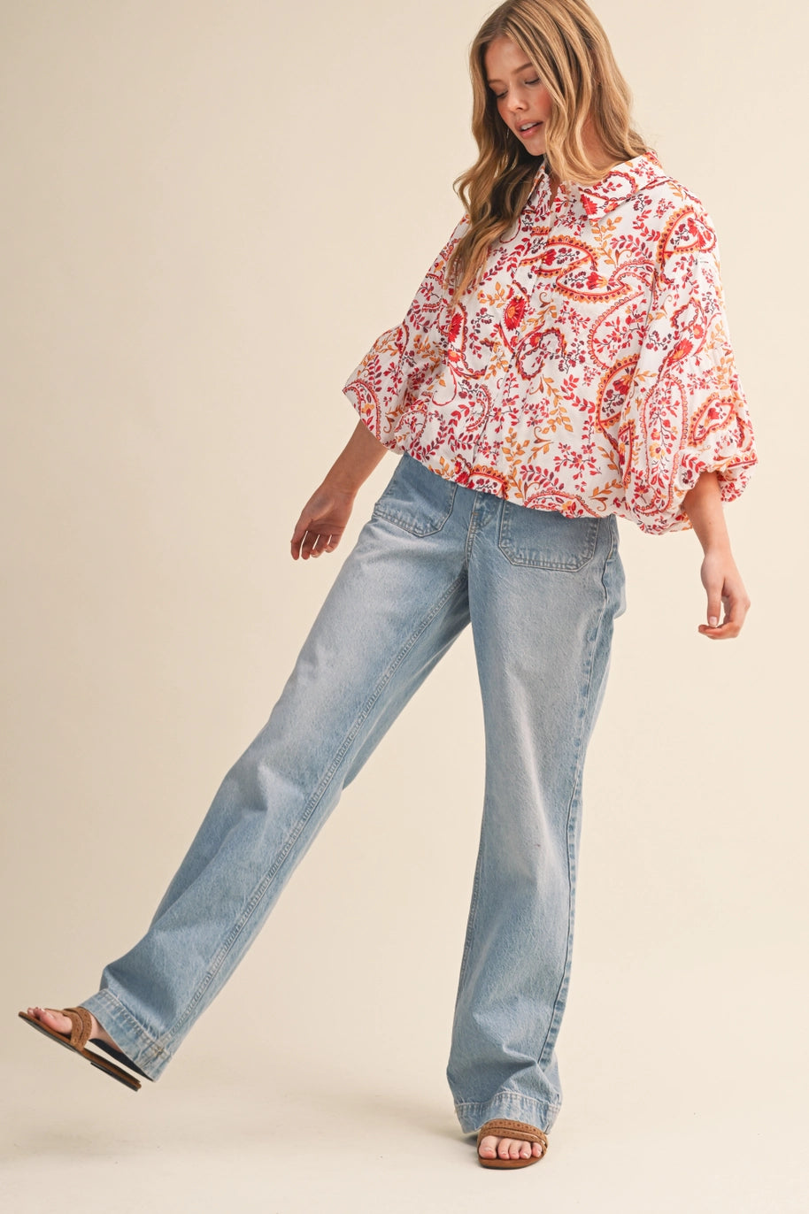 Paisley Print Button Down Bubble Sleeve Top