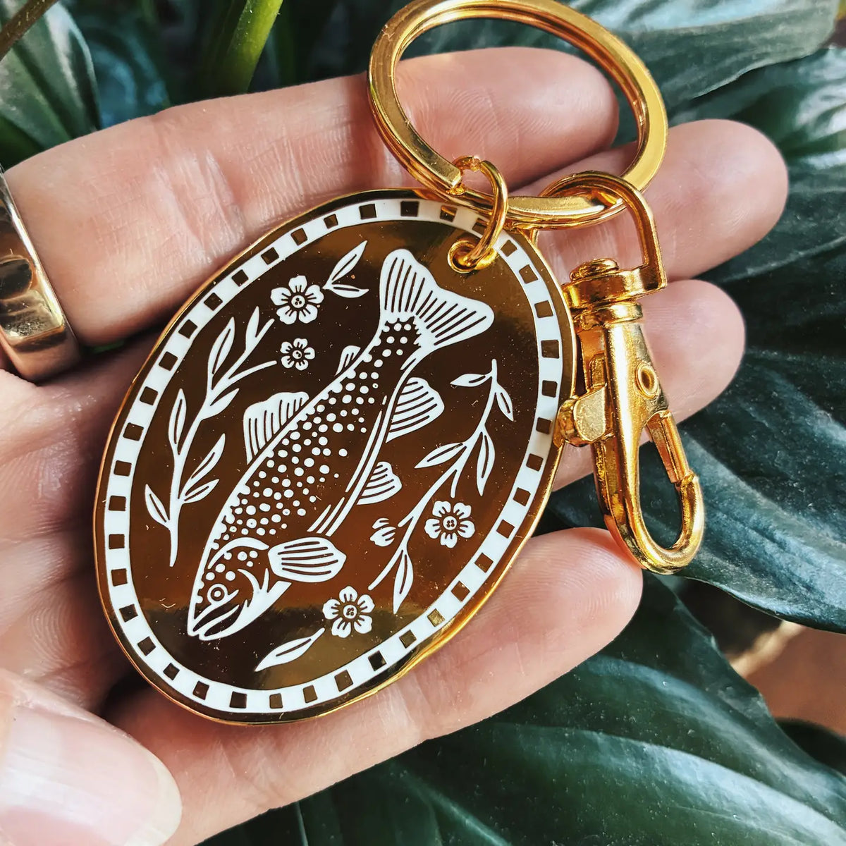 Folk Trout Keychain– Gold Enamel Accessory For Bags or Keys