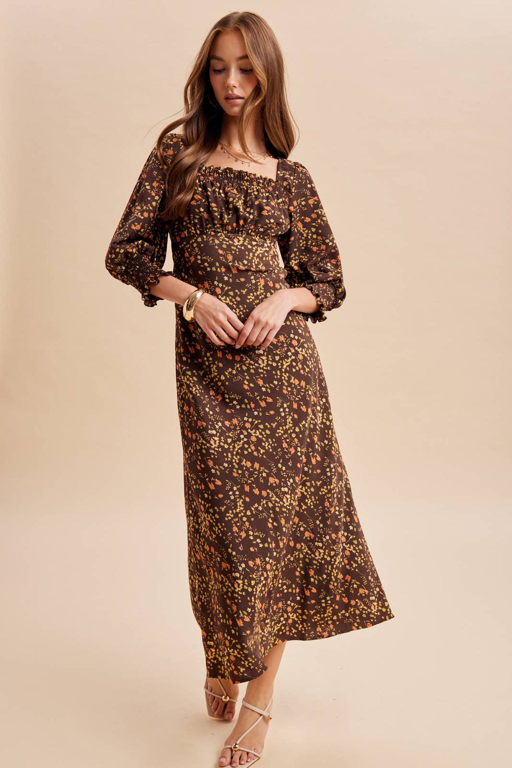 SMOCKED FLORAL PRINT MAXI