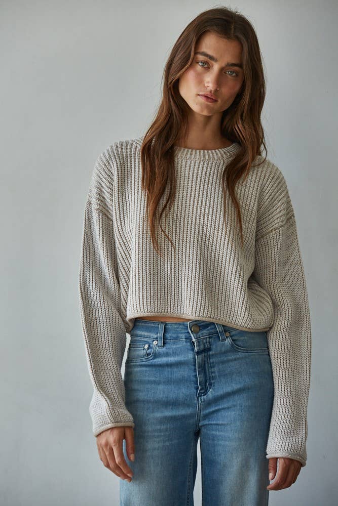 Knit Sweater Acrylic Ribbed Crew Neck Pullover