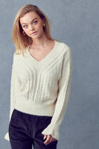 Cable Knit Sweater with Ruffled Sleeve