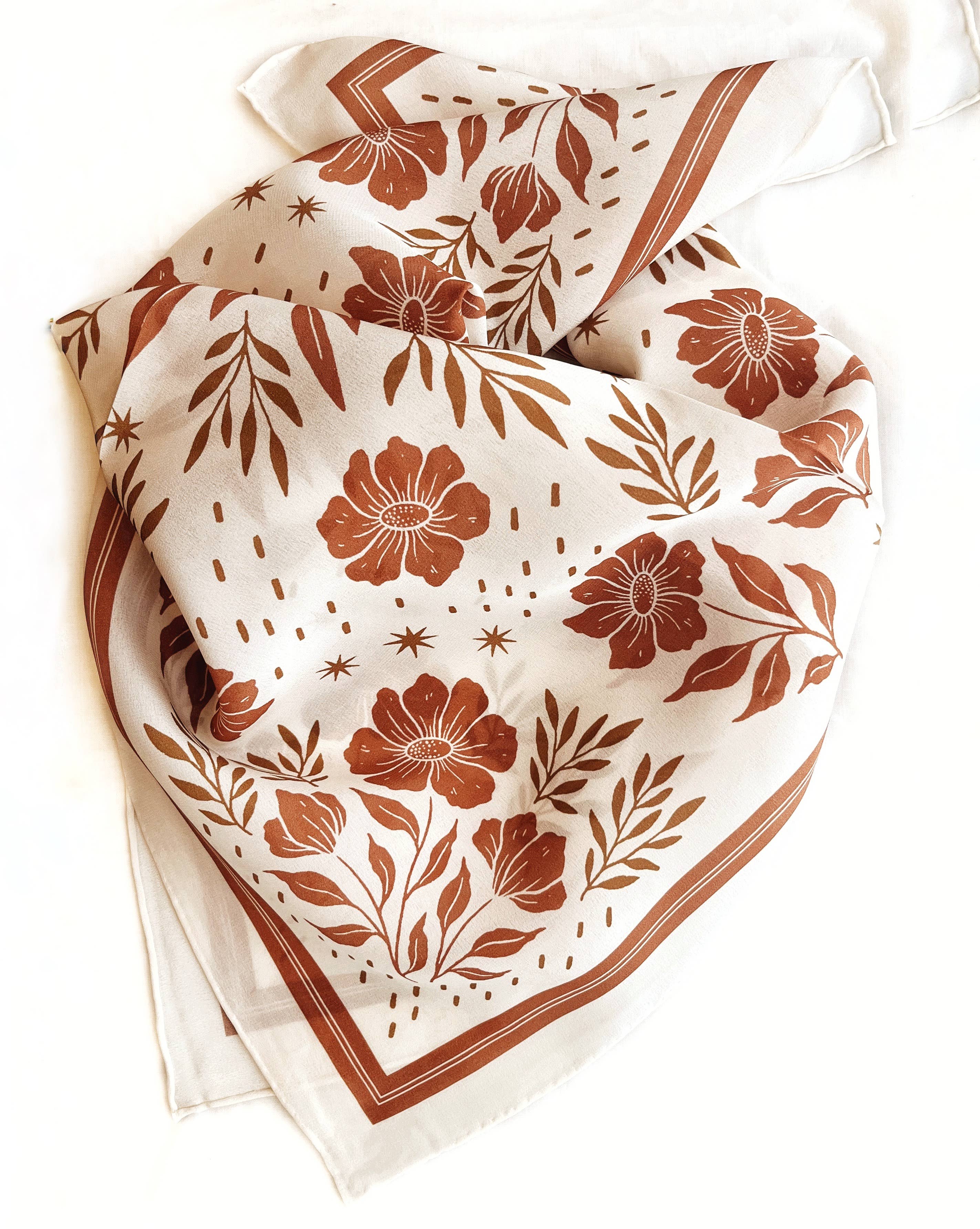 100% Silk Bandana Scarf - Desert Floral Western Earth Tones