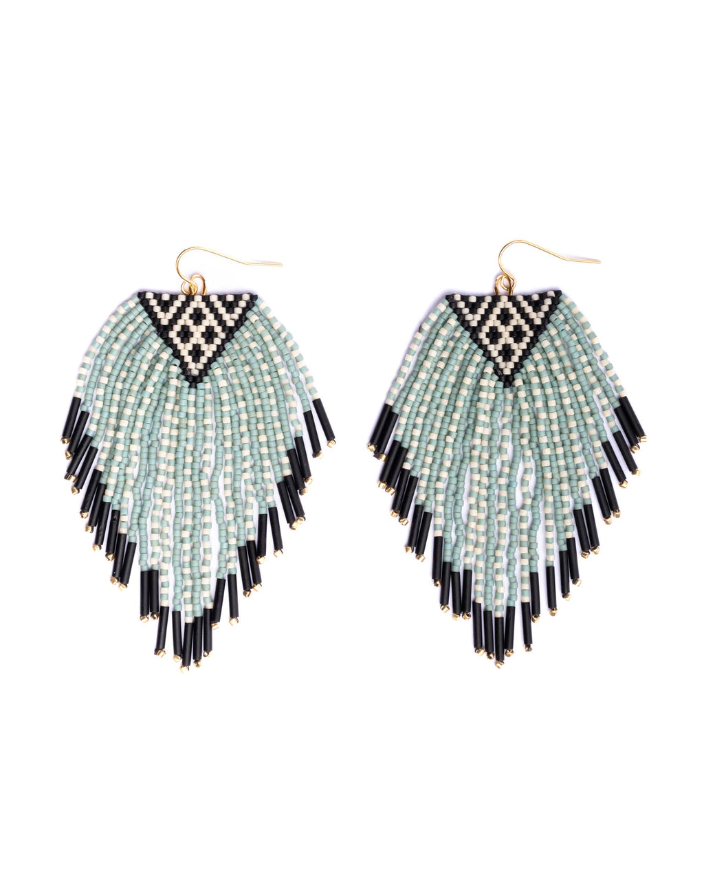 Beaded Handwoven Sonoran Triangle Fringe Earrings (Beige)