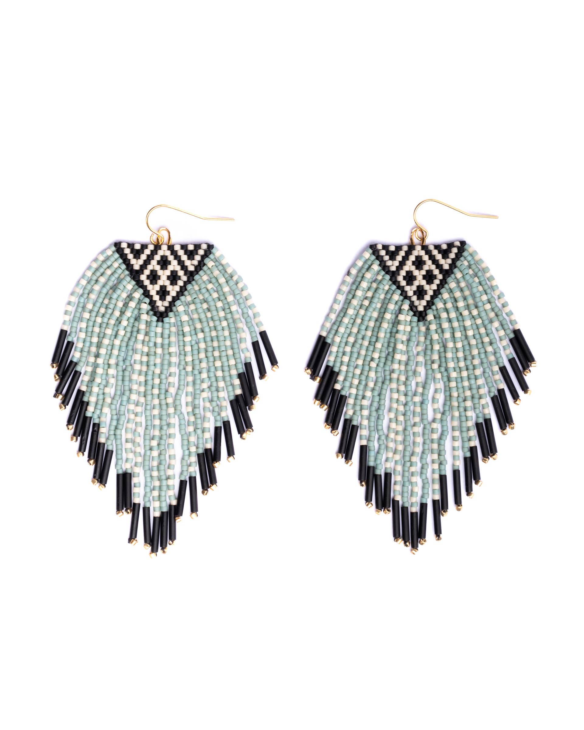 Beaded Handwoven Sonoran Triangle Fringe Earrings (Beige)