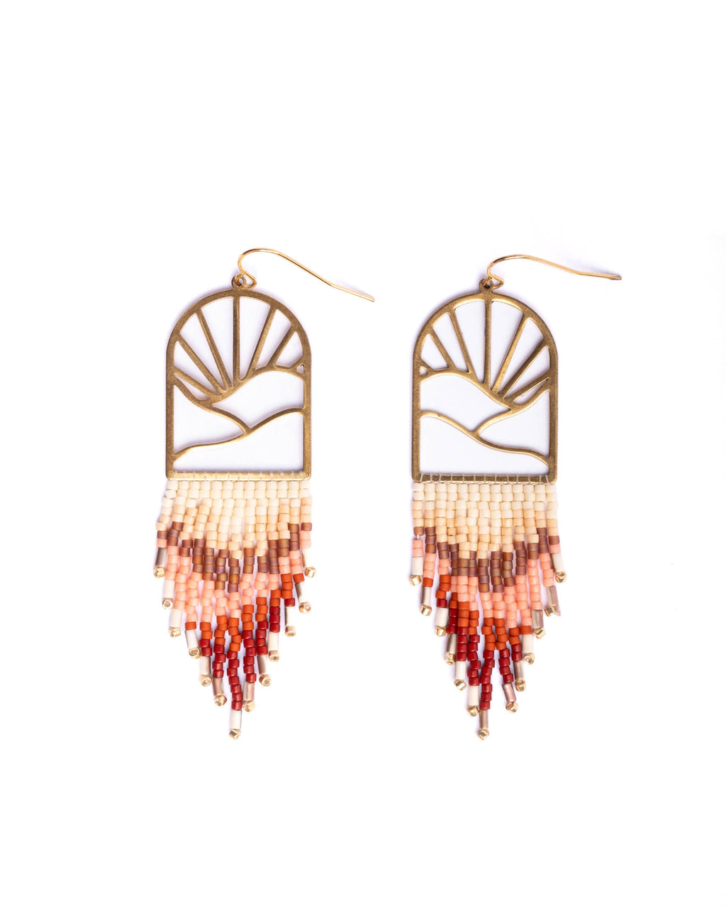 Beaded Handwoven Sedona Sunset Fringe Earrings (Beige/Brown)