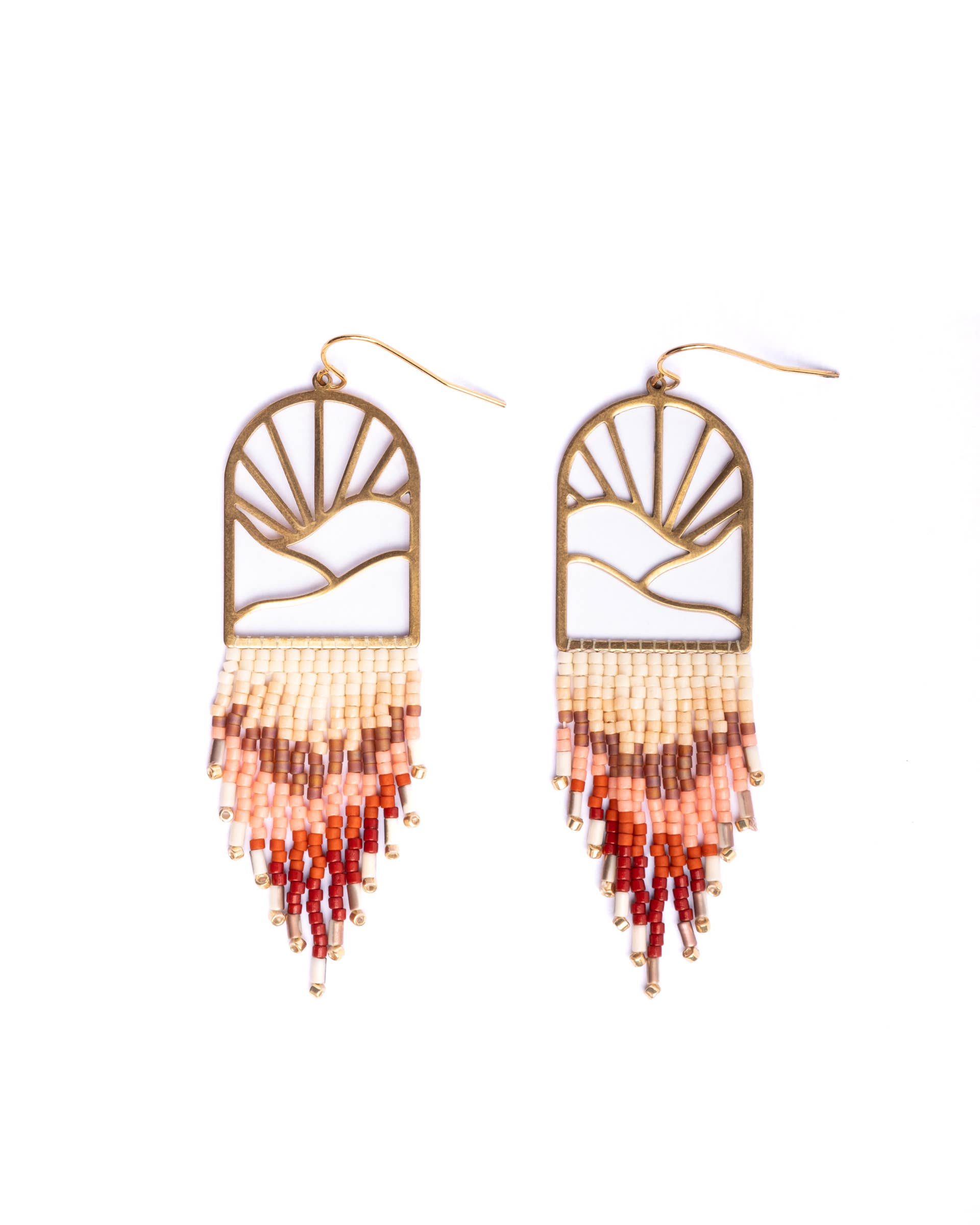 Beaded Handwoven Sedona Sunset Fringe Earrings (Beige/Brown)