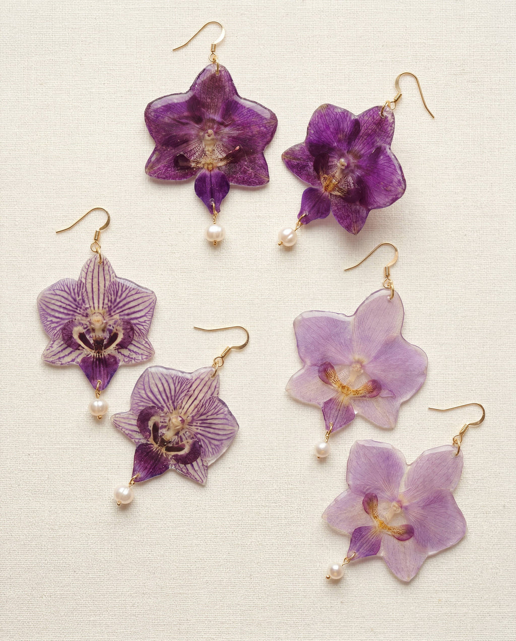 Pressed Orchid Flower Earrings, Freshwater Pearl