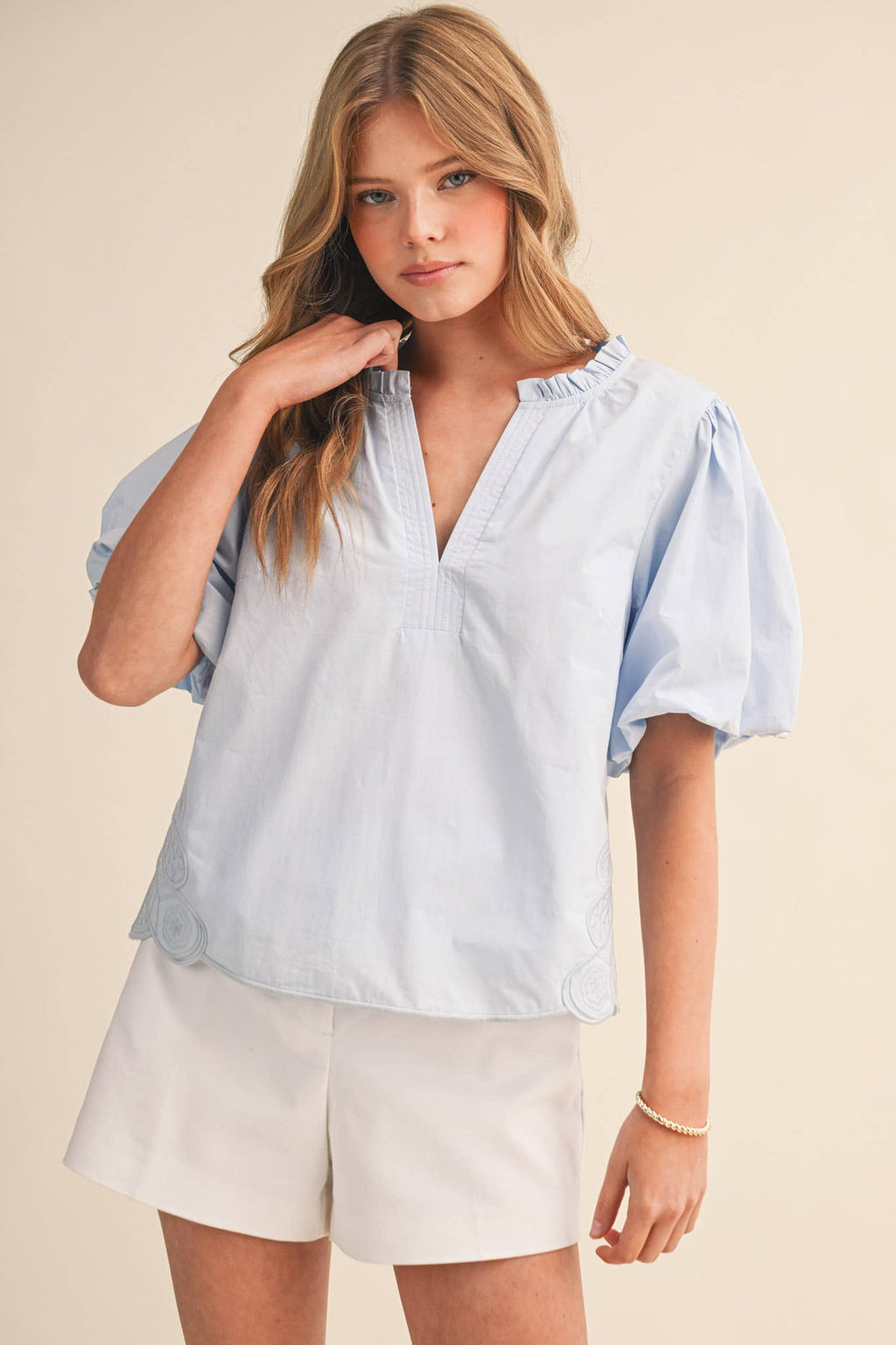 Bubble Sleeve Top With Side Embroidery