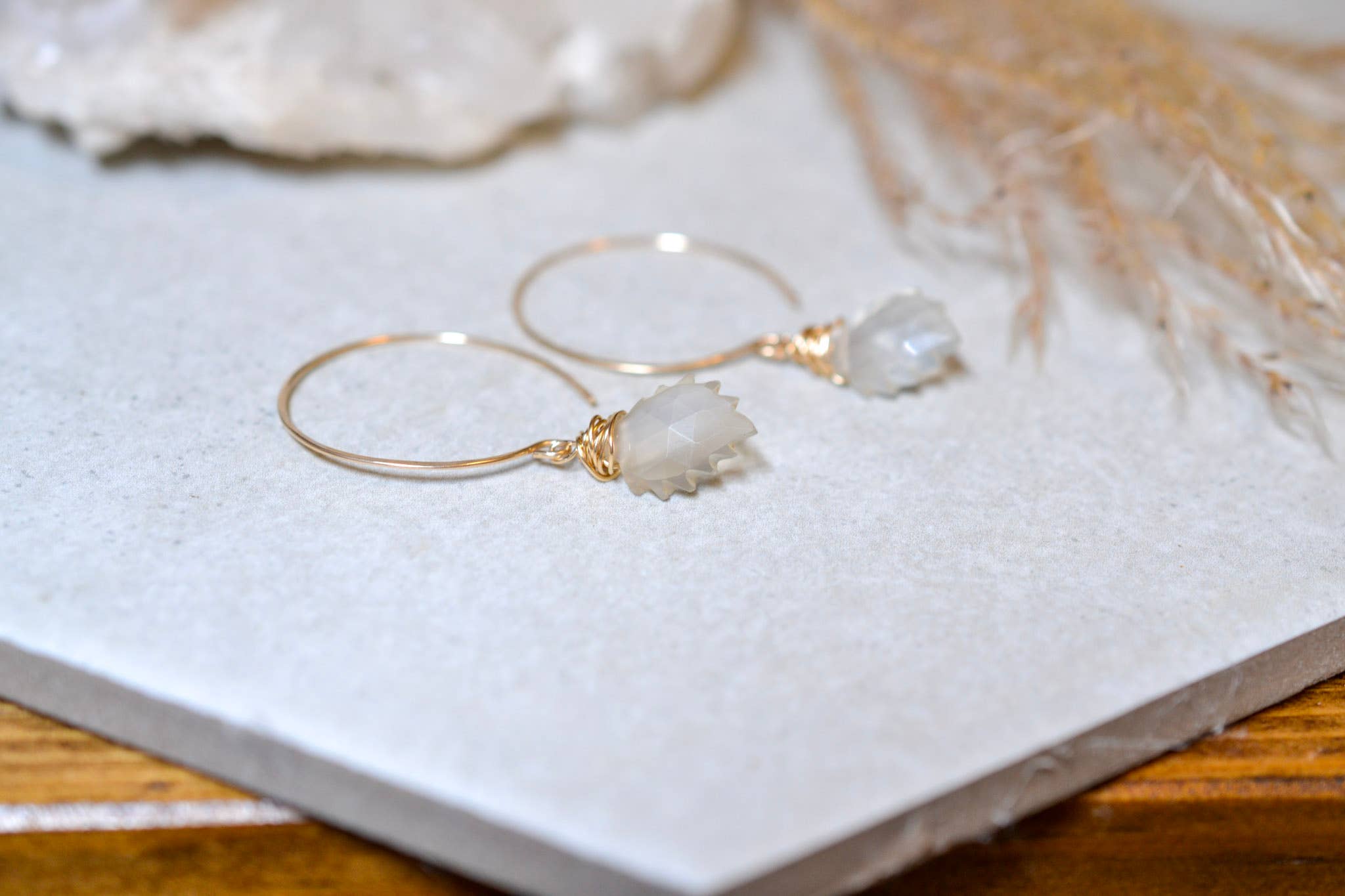 Hand Carved Moonstone Leaf Dangle with Forged Hoops