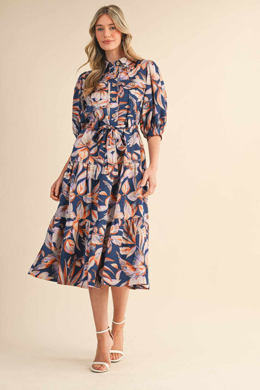 Button Down Tiered Midi Dress
