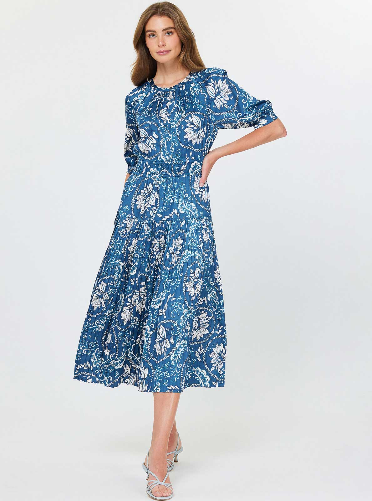 Floral Midi Dress W/ Pleat Detail Skirt