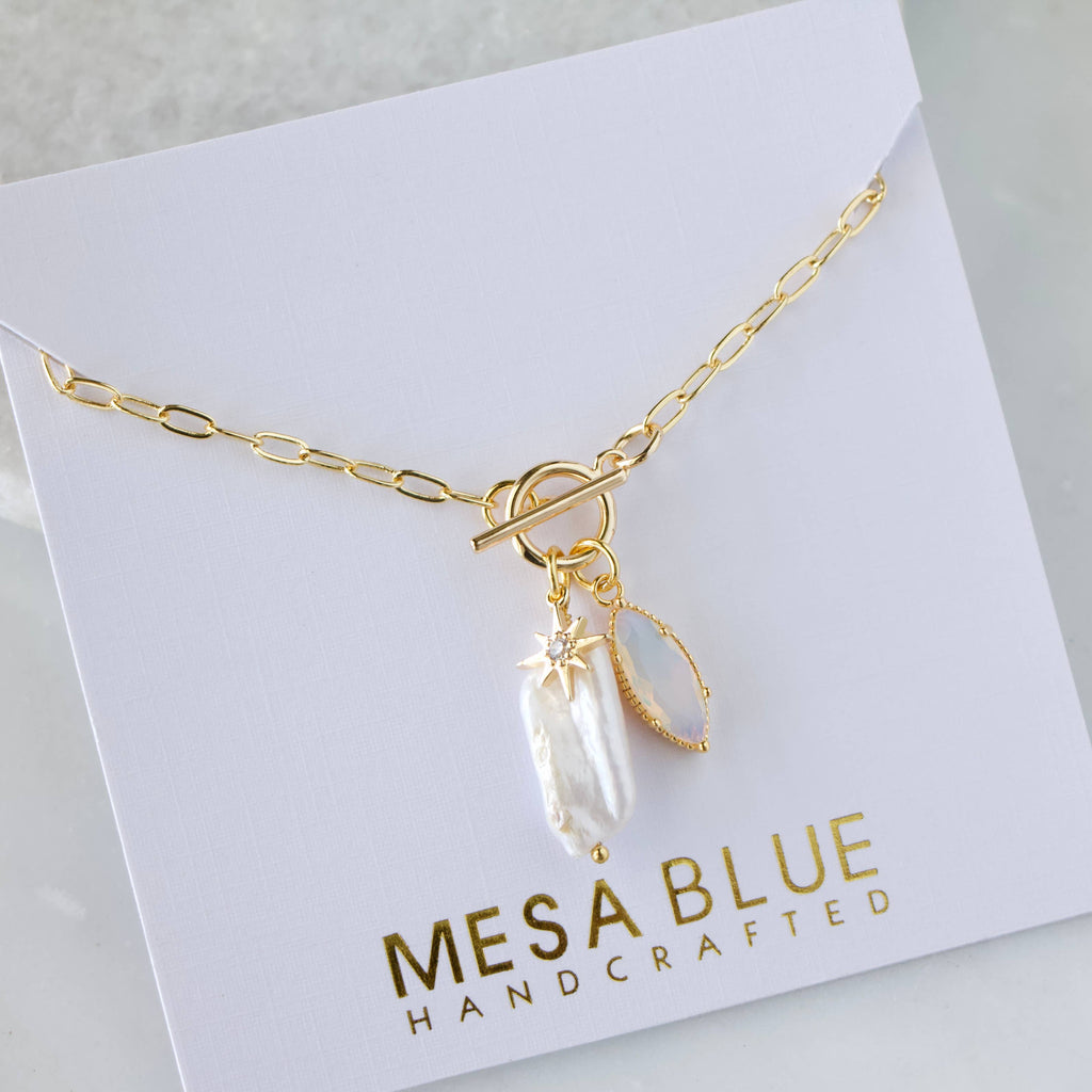 Opalite, Freshwater Pearl Charm Toggle Necklace