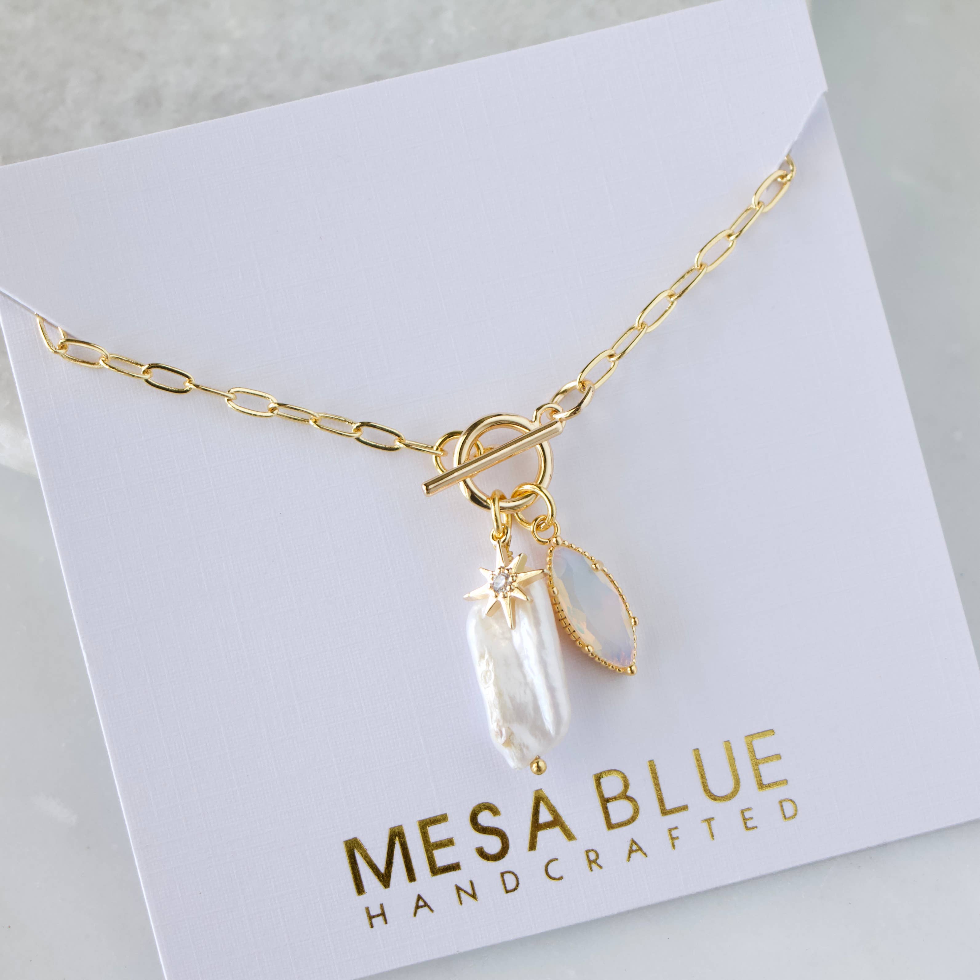 Opalite, Freshwater Pearl Charm Toggle Necklace