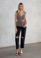 Sheer Paisley Print Cap Sleeve Peplum Blouse