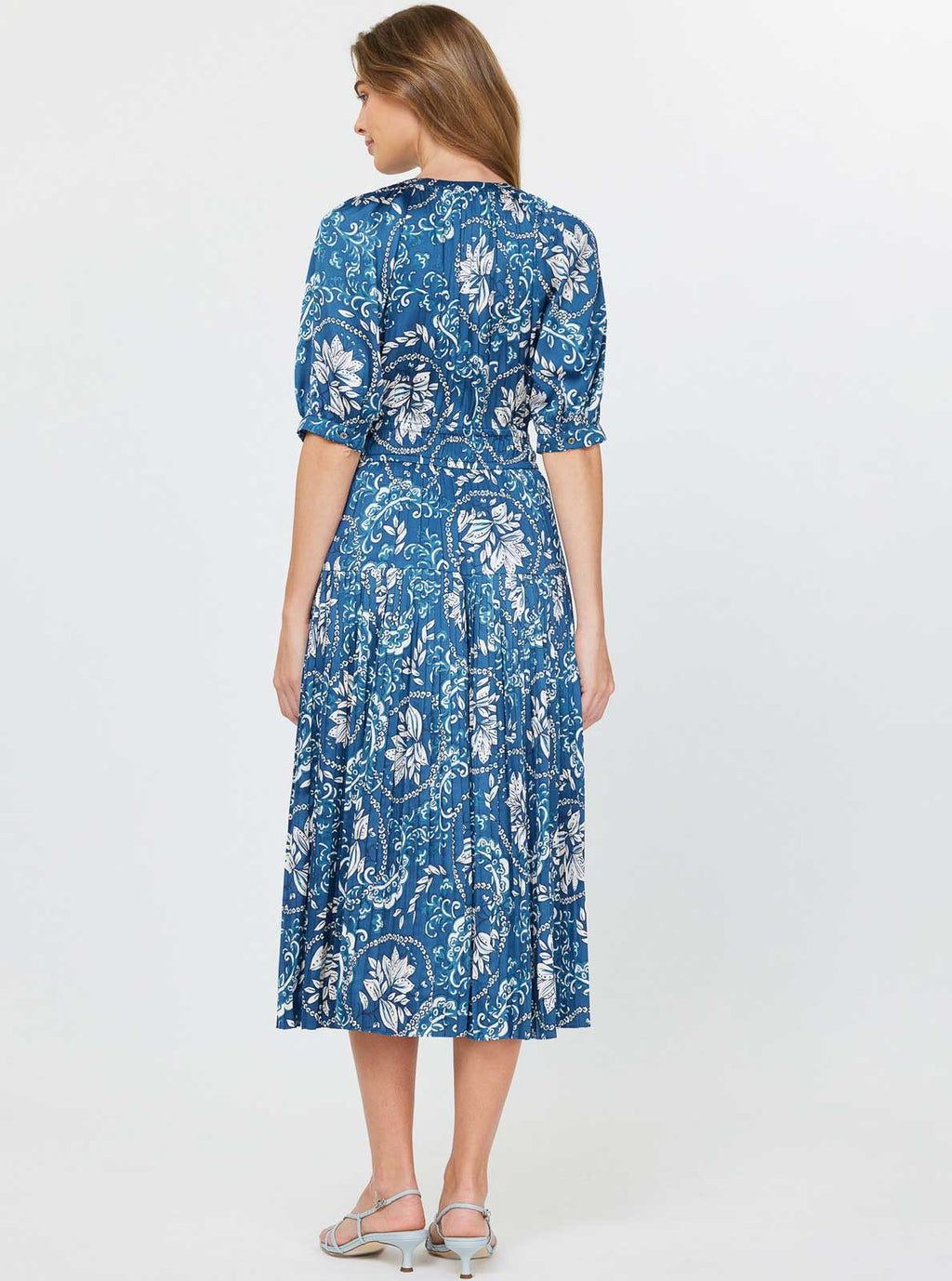 Floral Midi Dress W/ Pleat Detail Skirt