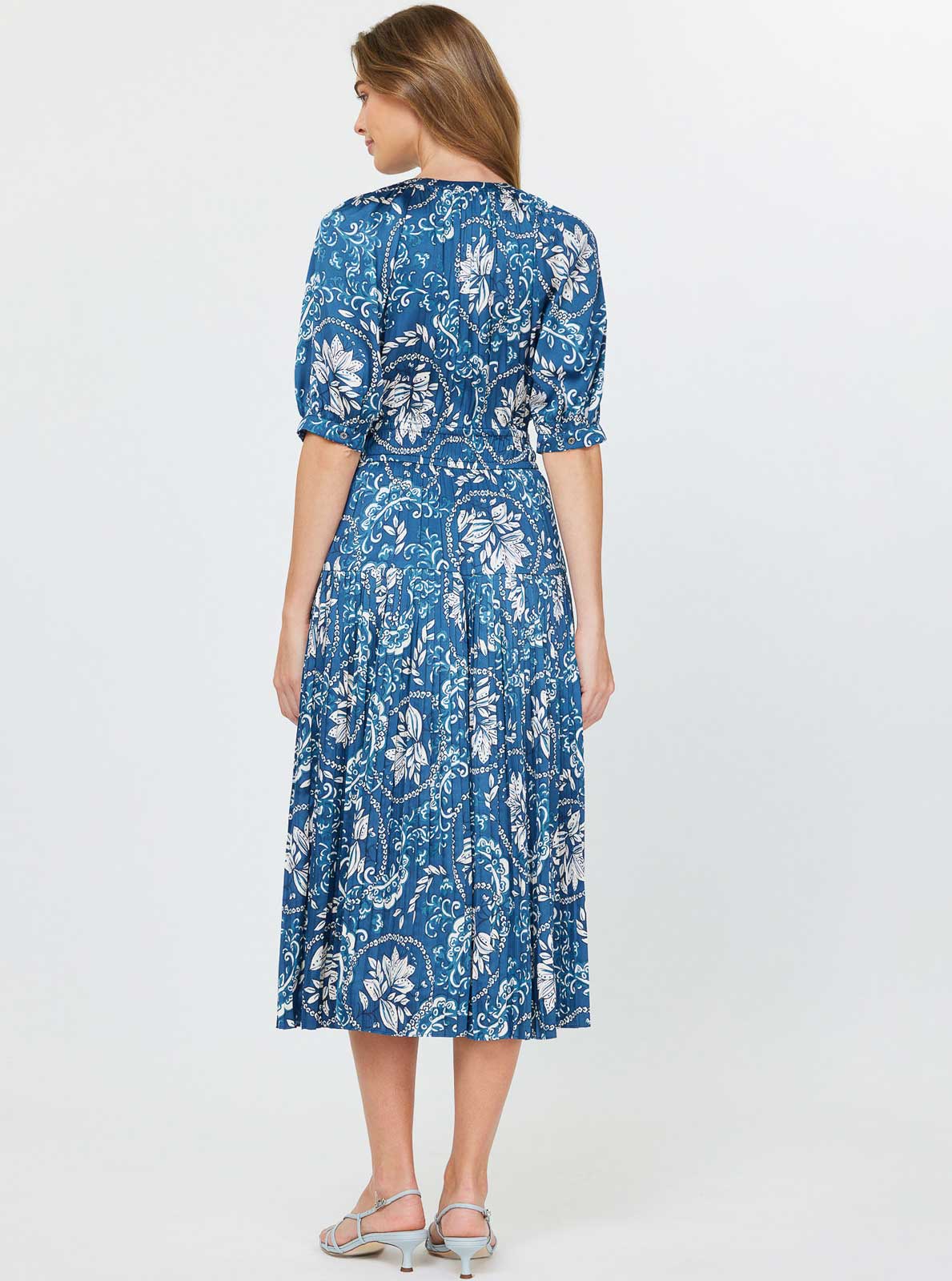 Floral Midi Dress W/ Pleat Detail Skirt