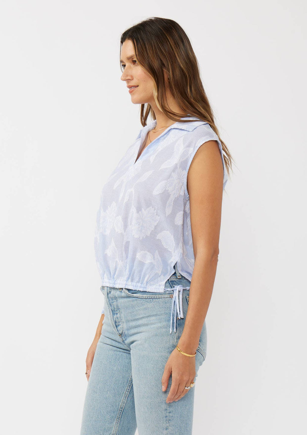 Striped Cotton V-Neck Sleeveless Blouse