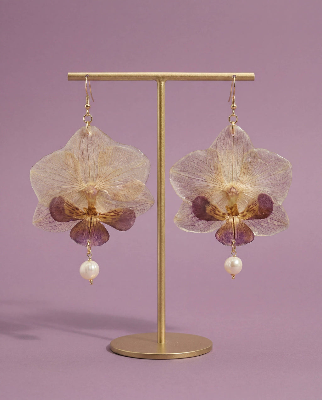 Pressed Orchid Flower Earrings, Freshwater Pearl