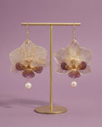 Pressed Orchid Flower Earrings, Freshwater Pearl