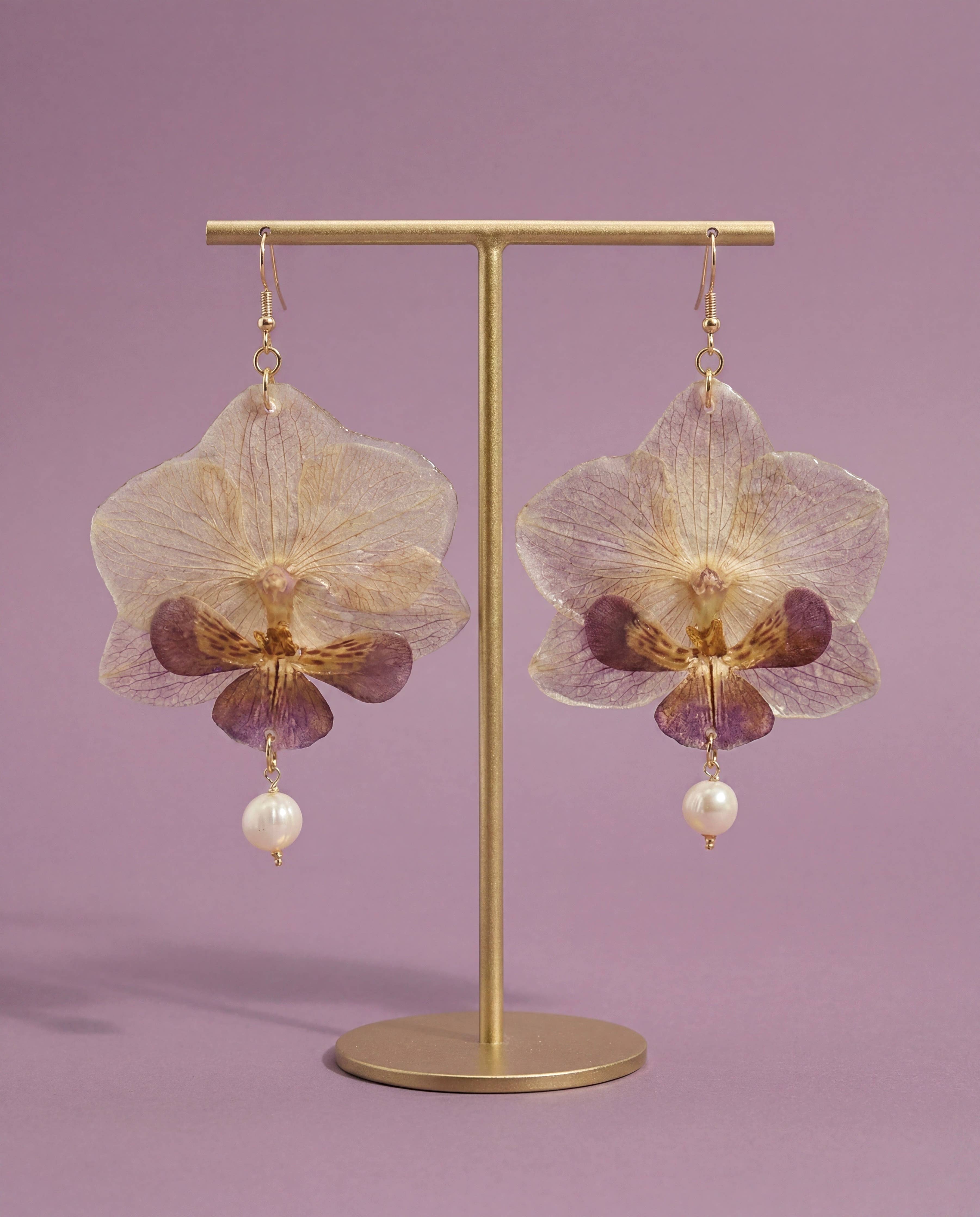 Pressed Orchid Flower Earrings, Freshwater Pearl